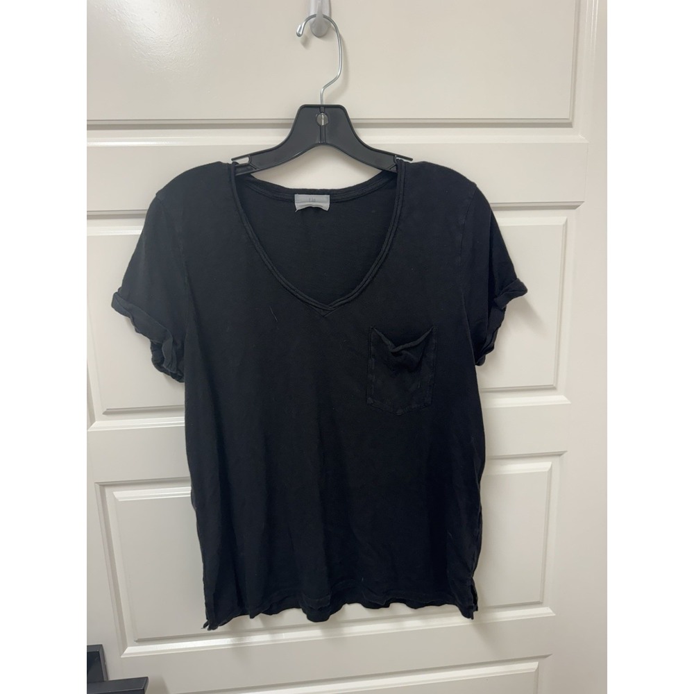 Lla Black V-Neck Pocket Knit Top Boho Short Sleeve Blouse Medium